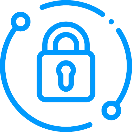a blue and white logo with a lock in a circle