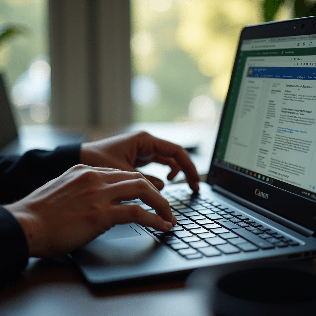 Maîtrisez les raccourcis Excel pour gagner du temps en 1 clic Mains tapant sur un clavier avec des raccourcis Excel en surbrillance dans un bureau professionnel