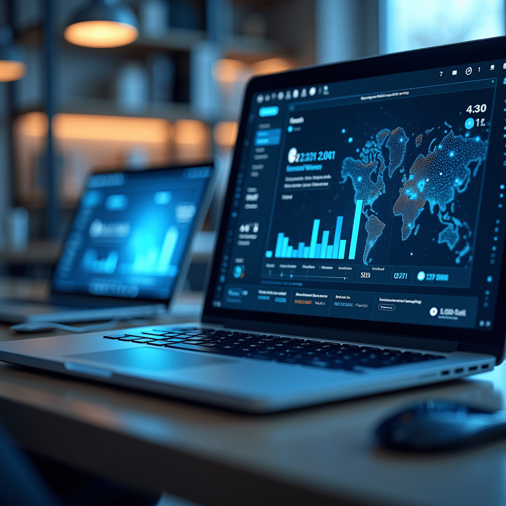 Bureau moderne avec ordinateur affichant LinkedIn, graphiques 3D holographiques et ambiance high-tech bleu-gris.