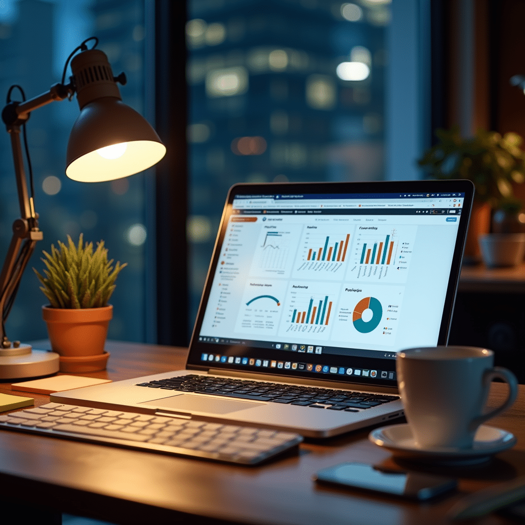 Bureau moderne avec ordinateur affichant des graphiques SEO, post-it colorés et tasse de café fumante.