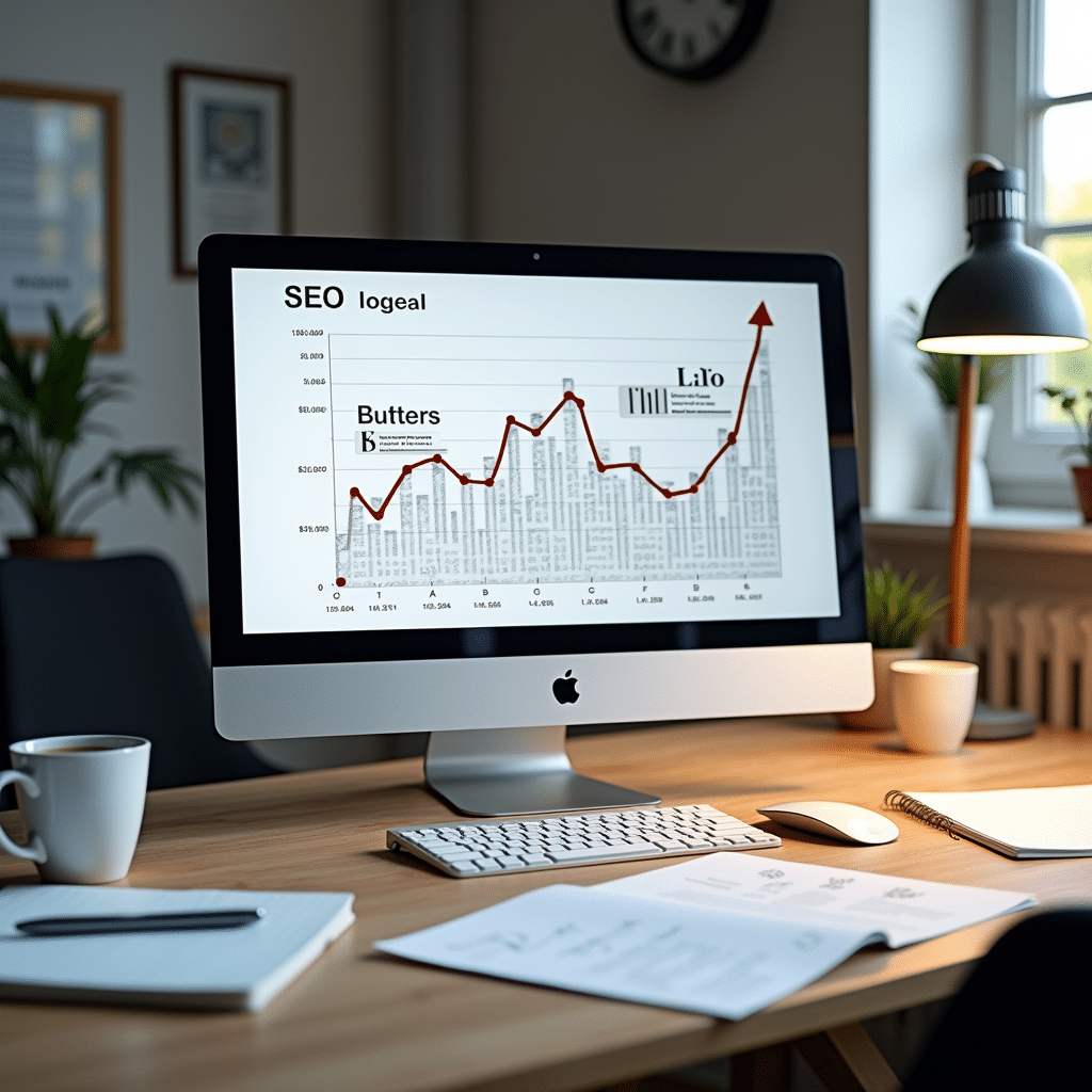 Google Core Update 2025 : Impacts, Gagnants, Perdants et Solutions SEO Bureau moderne avec ordinateur affichant des graphiques SEO, notes stratégiques et café, éclairé par une lumière naturelle douce.