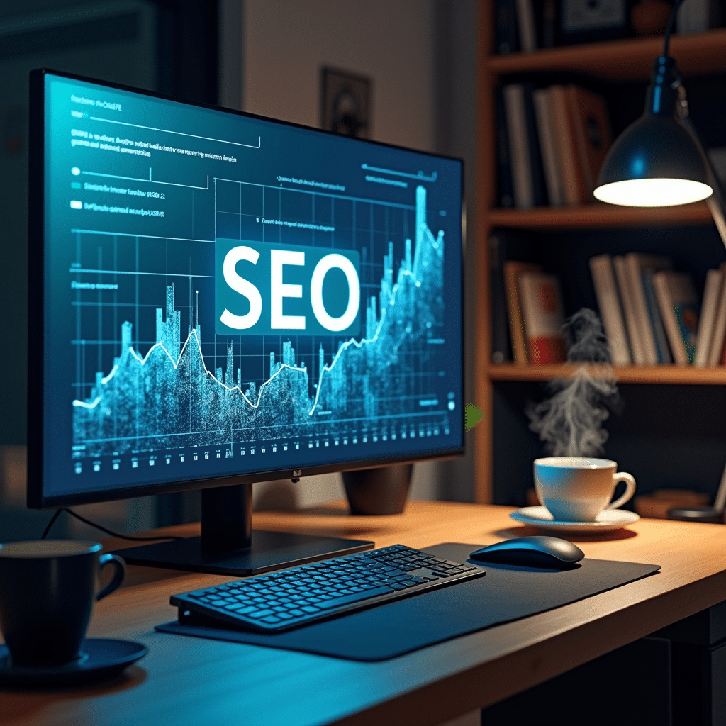 Bureau moderne avec écran holographique affichant des graphiques SEO, clavier lumineux et tasse de café.