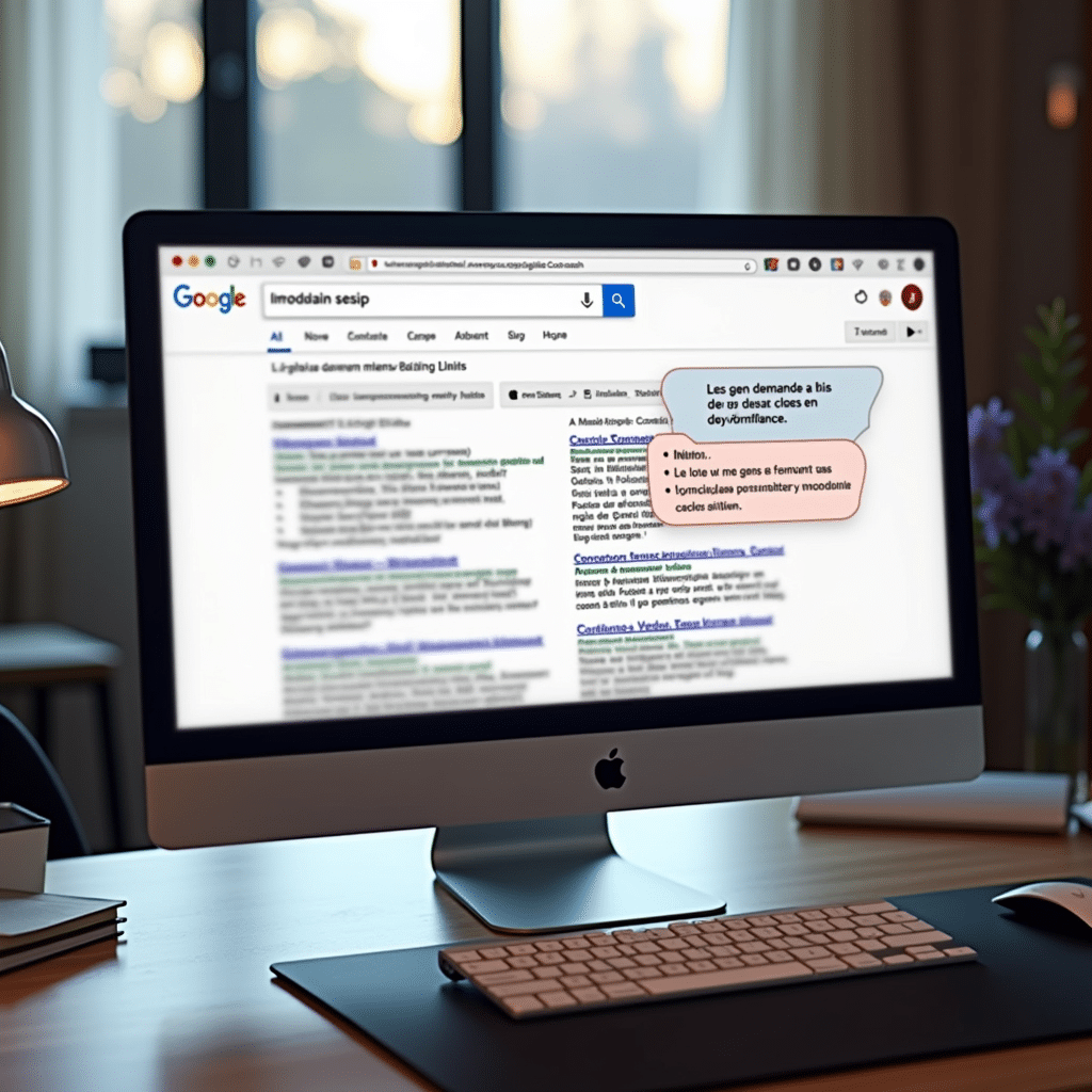 PAA : Comment Google utilise les questions pour enrichir ses résultats ? Un écran d'ordinateur montre des résultats Google avec des questions PAA en surbrillance, une main pointant vers la section "Les gens demandent aussi".